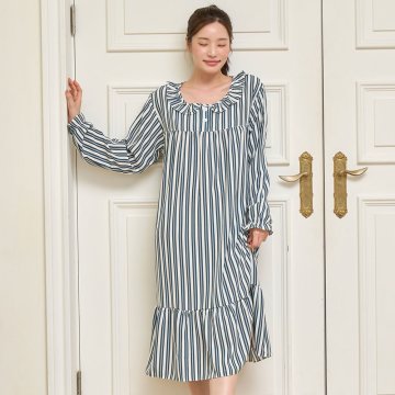 티포니 라운드 스트라이프 원피스 프릴 긴소매 롱원피스 잠옷 홈웨어 5oclors