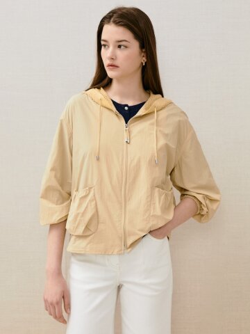 스트링 셔링 니트 후드 점퍼 