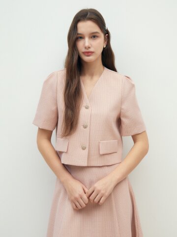 잔체크 퍼프 브이넥 크롭 재킷 