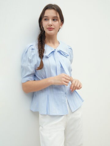 코튼 리본 퍼프 슬리브 블라우스 