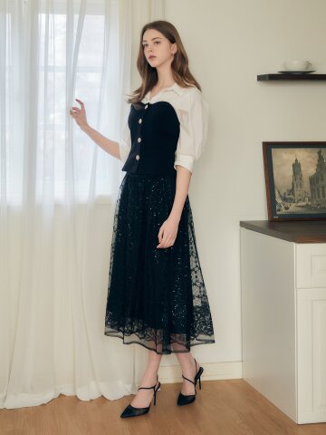 스팽글 레이스 플레어 스커트 