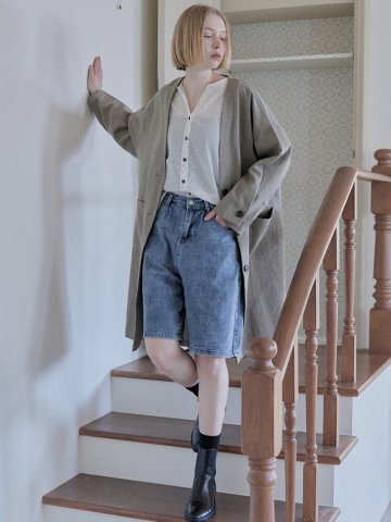 Linen Long Jacket - KHAKI