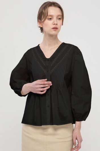 V-neck cotton blouse -  Black