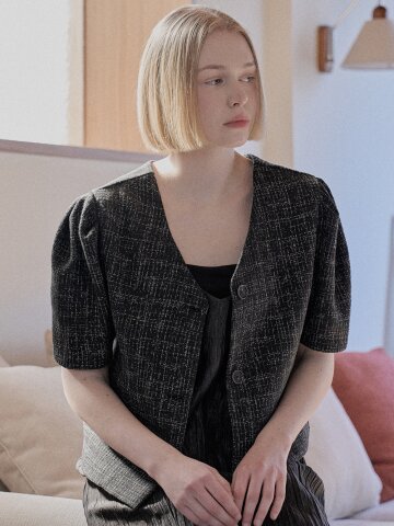 Tweed Puff Crop Jacket - BLACK