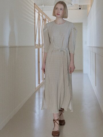 Dot Pleated Puff Sleeve Dress - Ivory