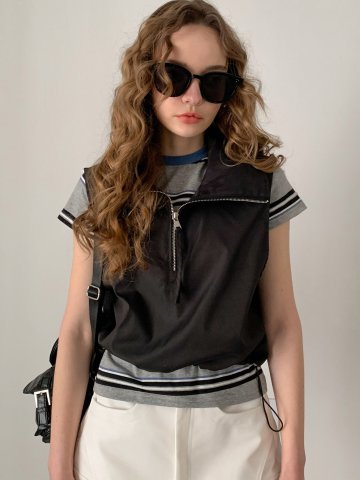 하프 집업 스트링 크롭 베스트