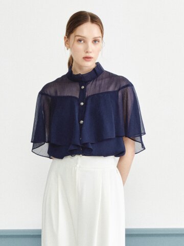 드레이프 러플 하이넥 블라우스 