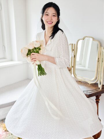 레이스 리본 칼라 플레어 원피스 