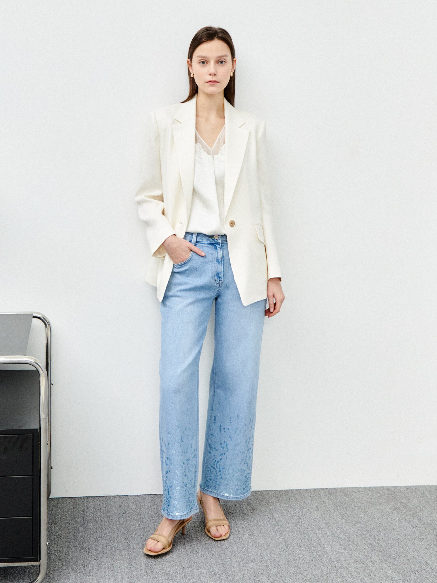 글리터 스팽글 포인트 와이드 데님 팬츠 (BLUE)