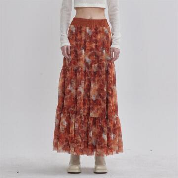 [라이] LIE LIE X TEDDYBEAR 콜라보레이션 카키 라이베어 전체 프린트 메쉬 캉캉 스커트 브라운