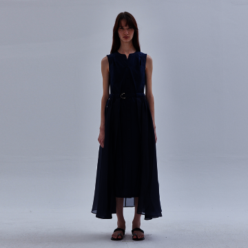 [라이] LIE 쉬폰 오버레이어 벨트 원피스 네이비