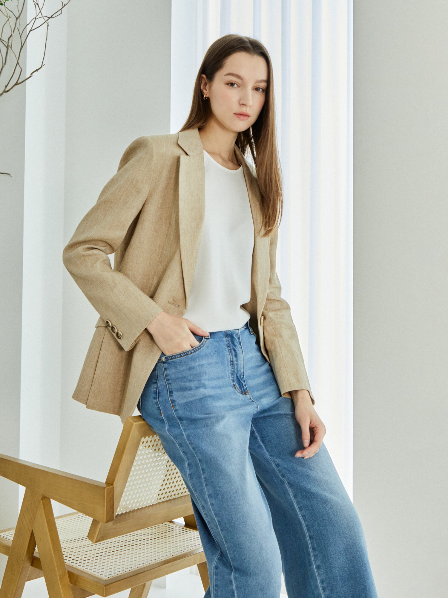 린넨 헤링본 싱글 원버튼 재킷 (BEIGE)