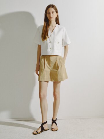 코튼 투턱 와이드 숏 팬츠 