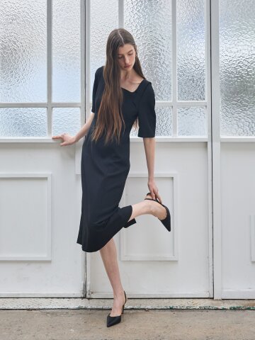 리본 스퀘어넥 H라인 원피스 