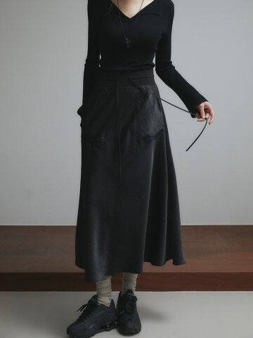 [레이허] Wide Band Satin Skirt [BLACK]