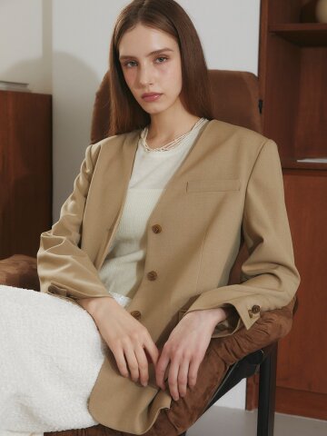 [레이허] Oversized V-Neck Wool Blazer [TAN BEIGE]