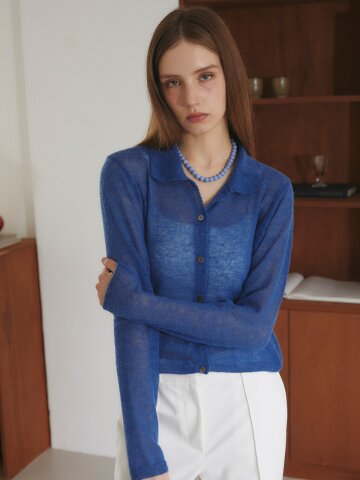 [레이허] Collar Knit Cardigan [Sea Blue]