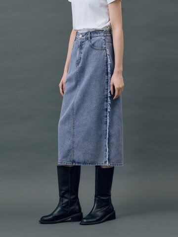 DENIM FRINGE H LINE SKIRT BLUE R5