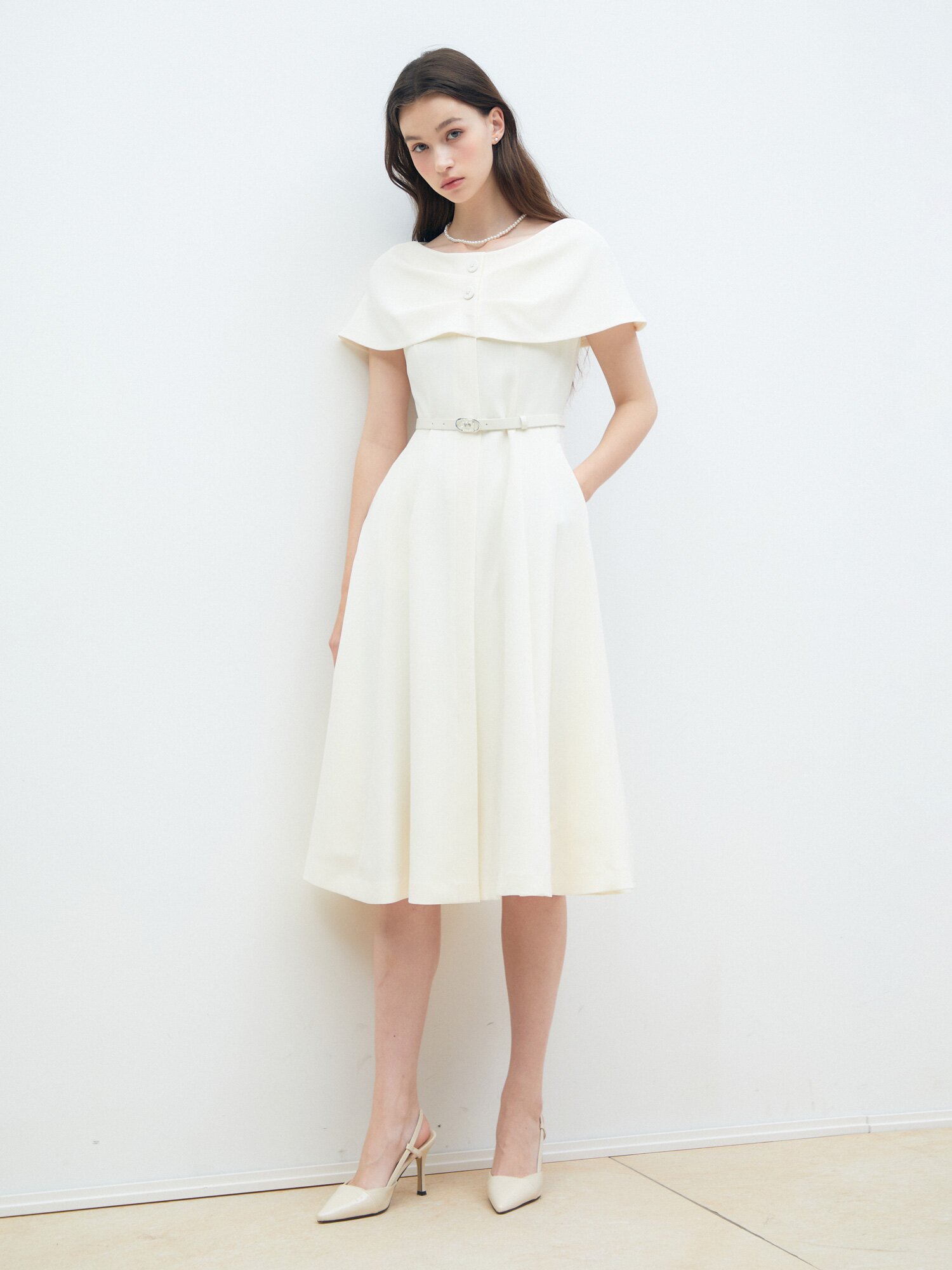 케이프 레이어 플레어 원피스 (CREAM)