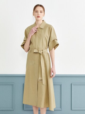 린넨 턱 슬리브 플레어 셔츠 원피스 