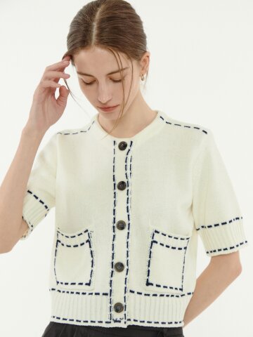 스티치 라운드넥 크롭 가디건 