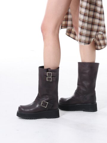 짙은 브라운 바이커 미들 통굽 부츠(5cm)