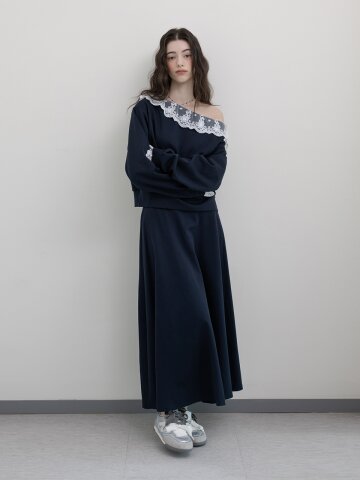 AR_Off shoulder lace sweatshirt and skirt set_NAVY
