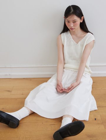 Pleated banding wide skirt_WHITE