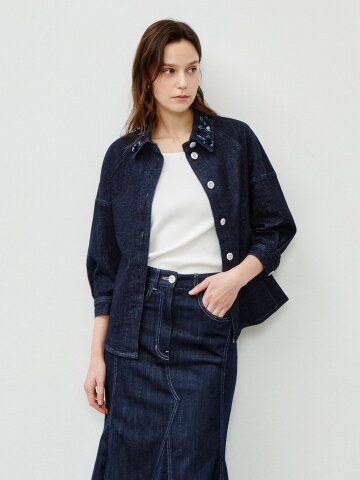 버튼 디테일 스트레이트 데님 자켓 