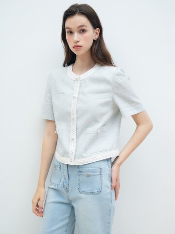 린넨 레이스 배색 라운드넥 재킷 