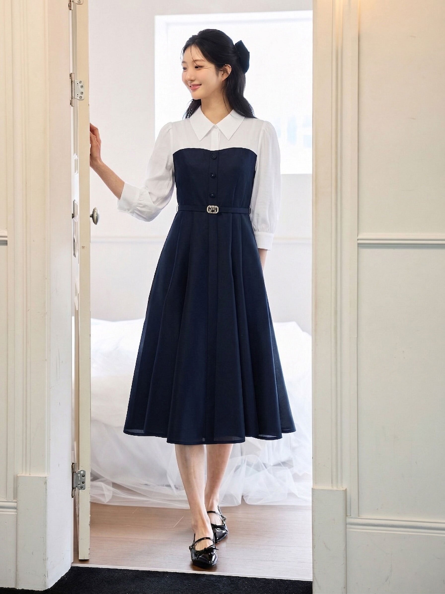 오간자 배색 뷔스티에 원피스 (DARK NAVY)