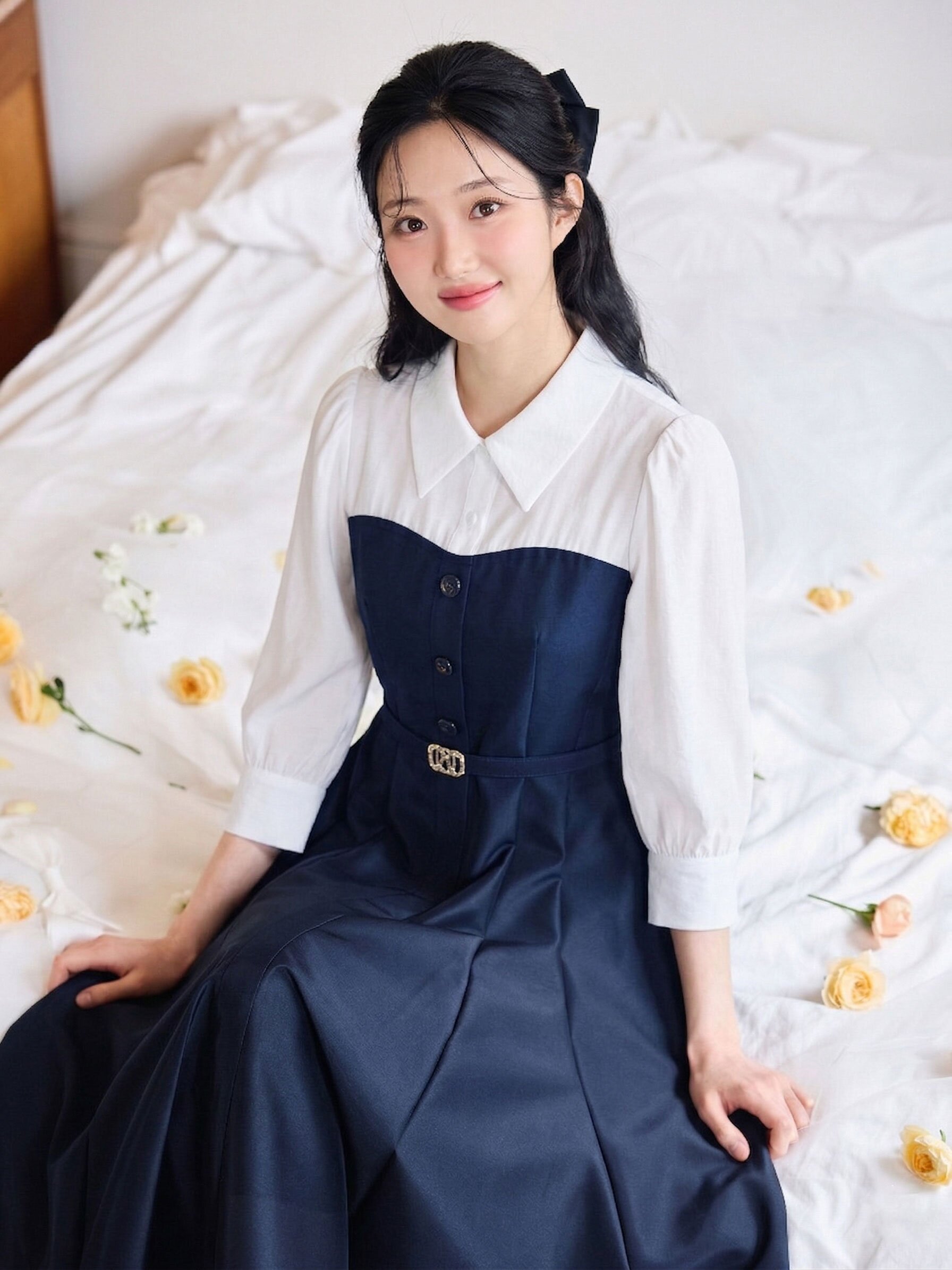 오간자 배색 뷔스티에 원피스 (DARK NAVY)