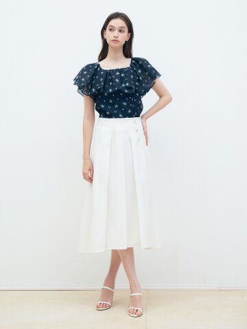 버튼 장식 플리츠 플레어 스커트 