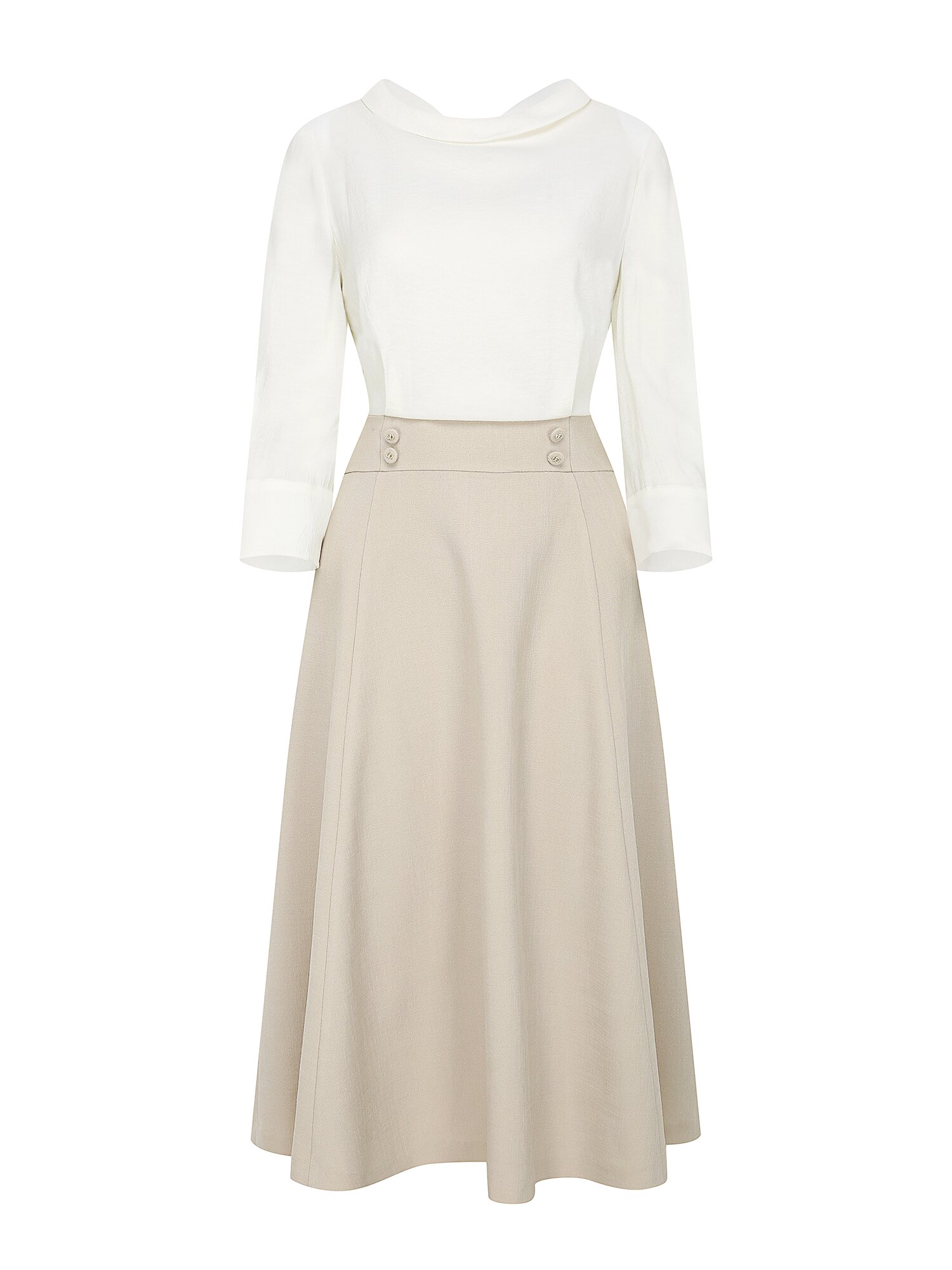 배색 백 스트랩 플레어 원피스 (BEIGE)