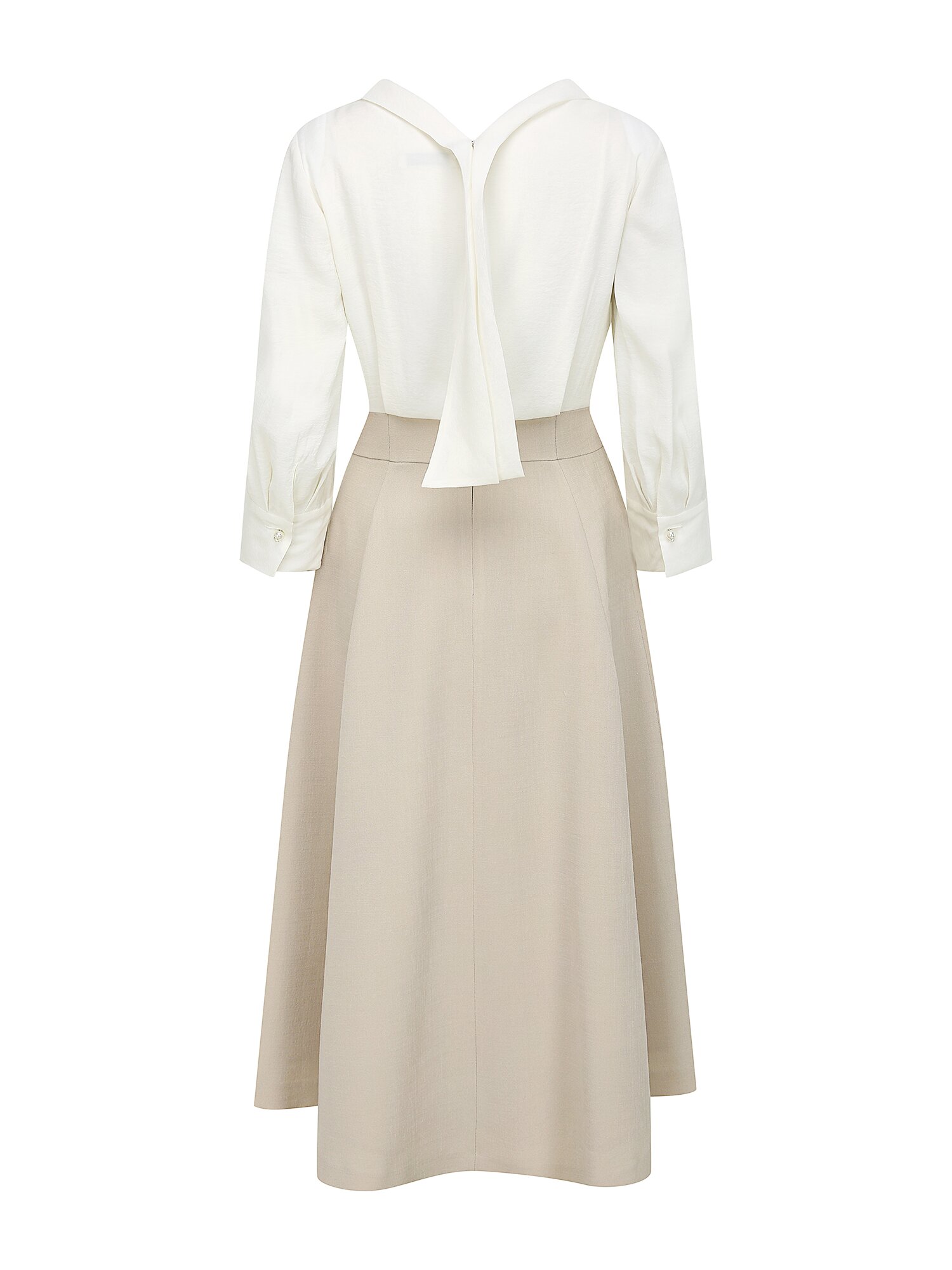 배색 백 스트랩 플레어 원피스 (BEIGE)