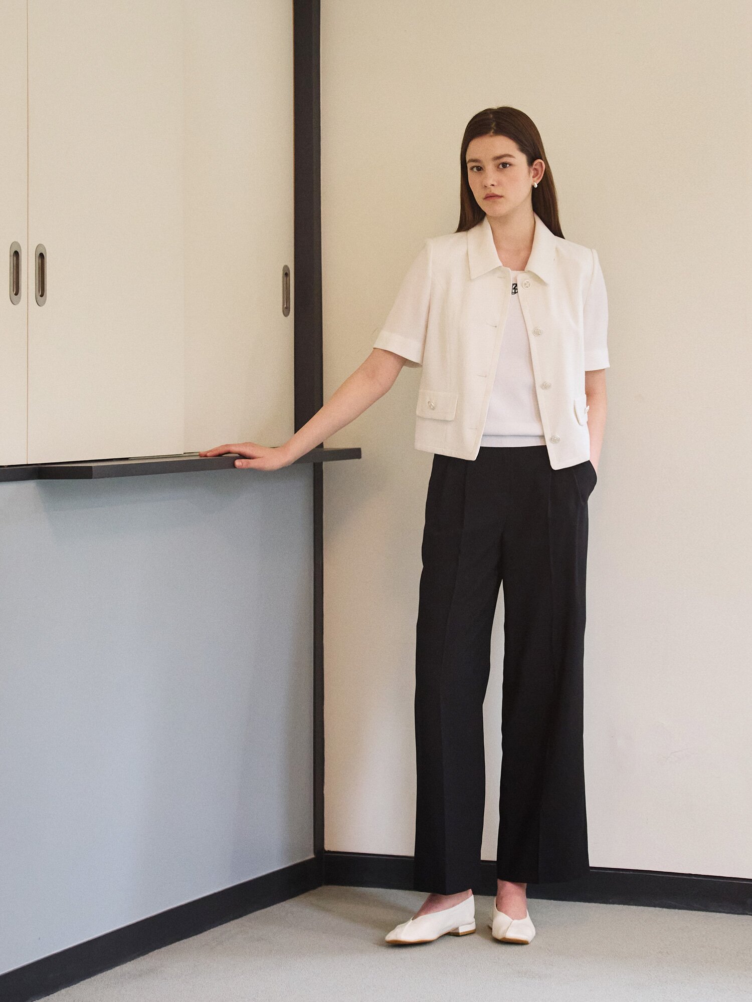 투턱 백 밴딩 세미 와이드 팬츠 (BLACK)