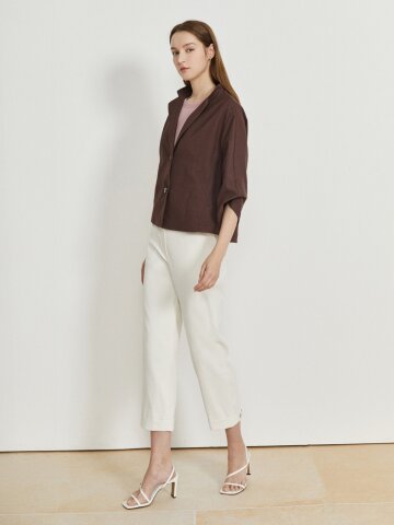 린넨 턴업 백 밴딩 테이퍼드 팬츠 