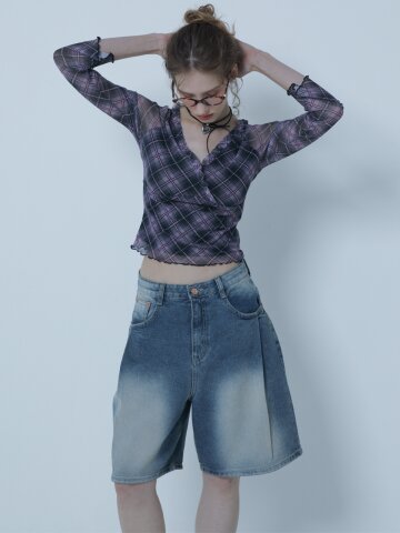 1 TUCK  HALF DENIM PANTS BLUE