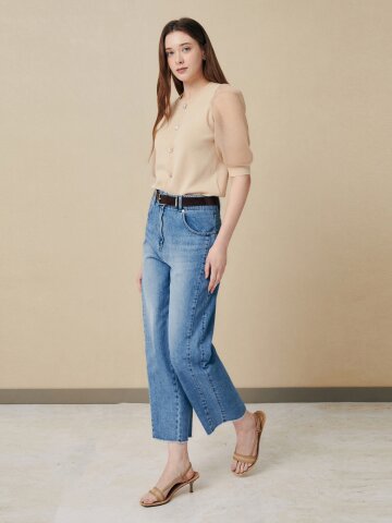 하이웨스트 와이드 워싱 데님 팬츠 