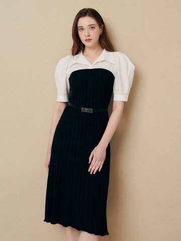 벨티드 배색 니트 원피스 