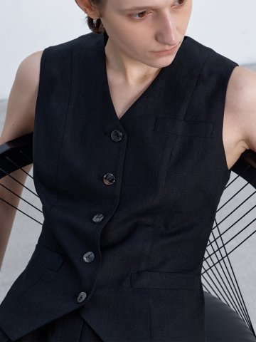 NATURAL LINEN VEST BLACK