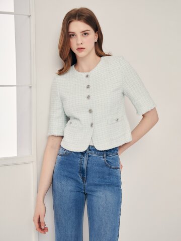 트위드 프린지 라운드넥 재킷 