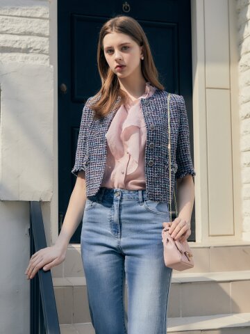 트위드 프린지 라운드넥 재킷 