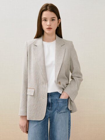 린넨 체크 싱글 투버튼 재킷 