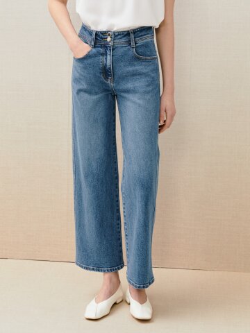 더블 버튼 일자핏 데님 팬츠 