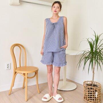 비타민 민소매 투피스 지지미 나시 체크 홈웨어 파자마 4colors