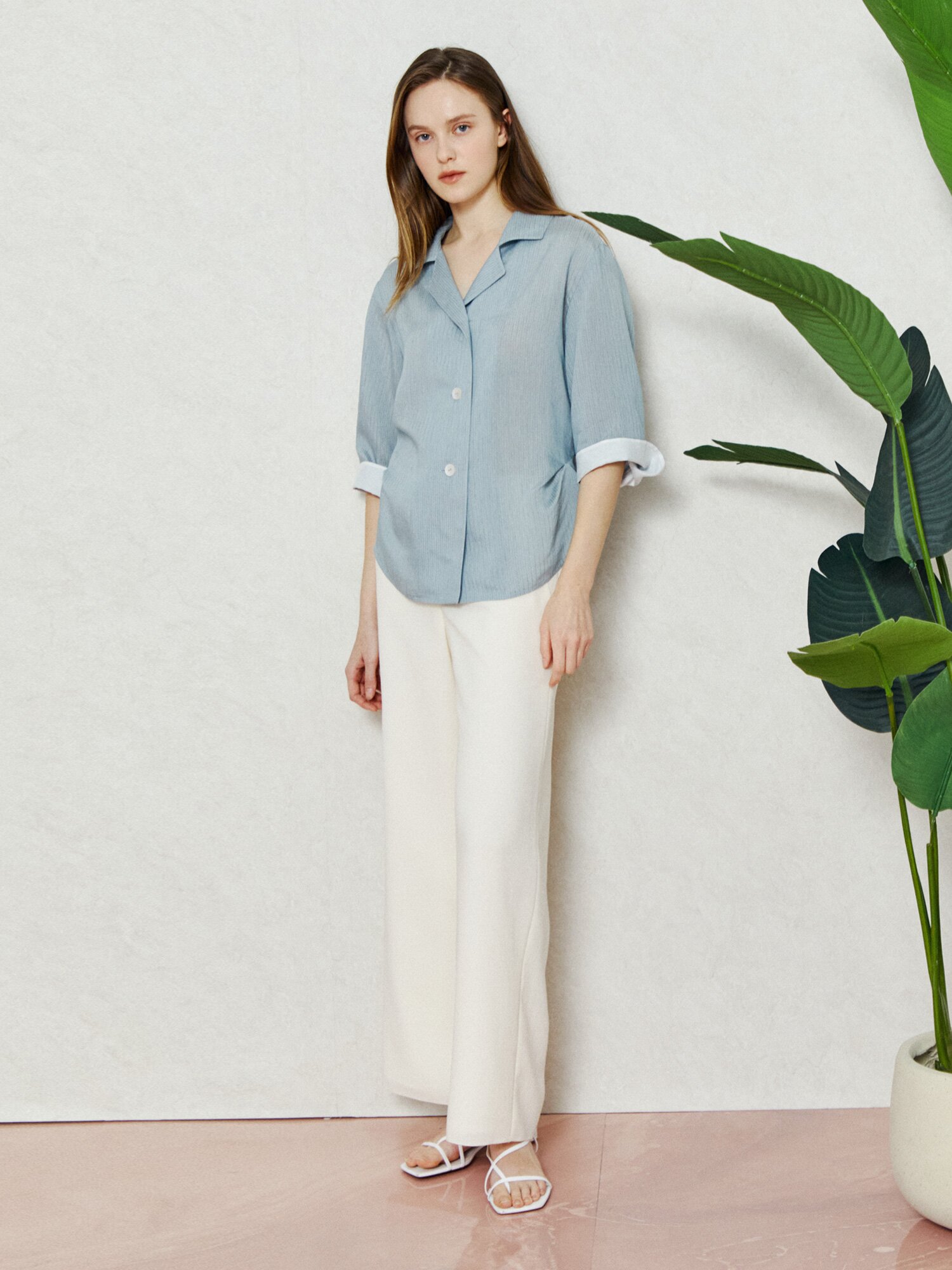 스프링 시어서커 블루 블라우스 (STRIPE BLUE GREEN)