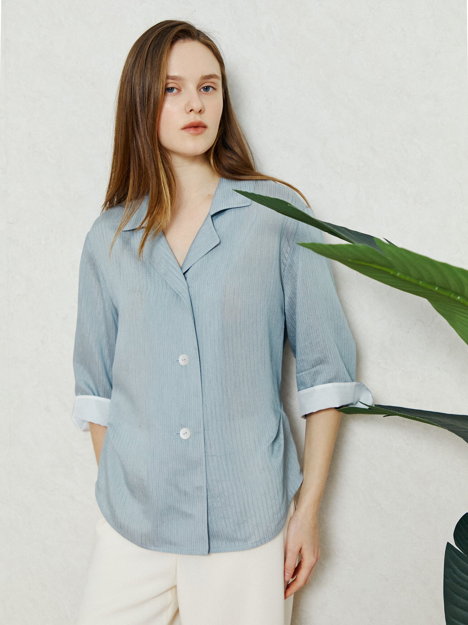 스프링 시어서커 블루 블라우스 (STRIPE BLUE GREEN)