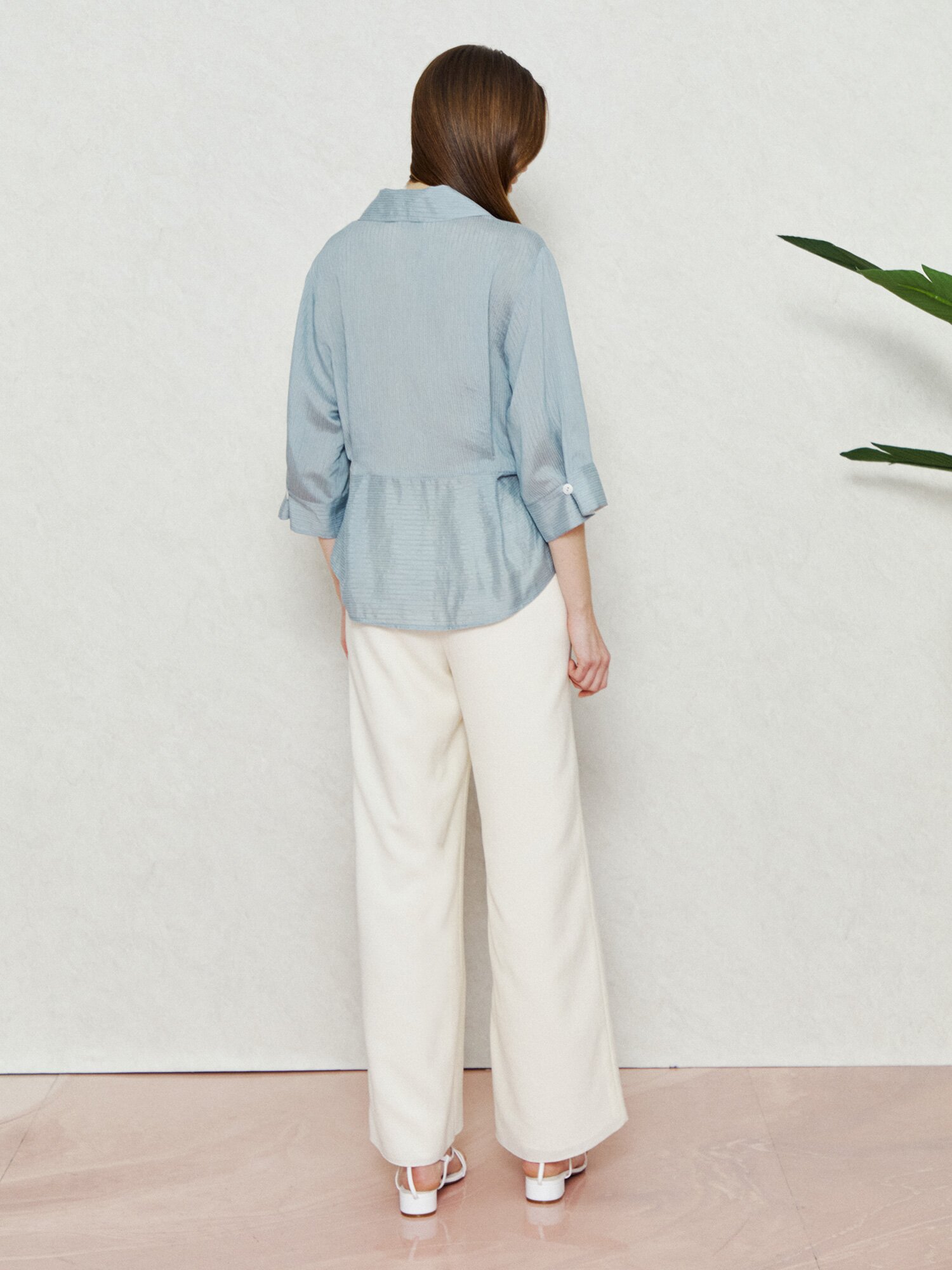 스프링 시어서커 블루 블라우스 (STRIPE BLUE GREEN)