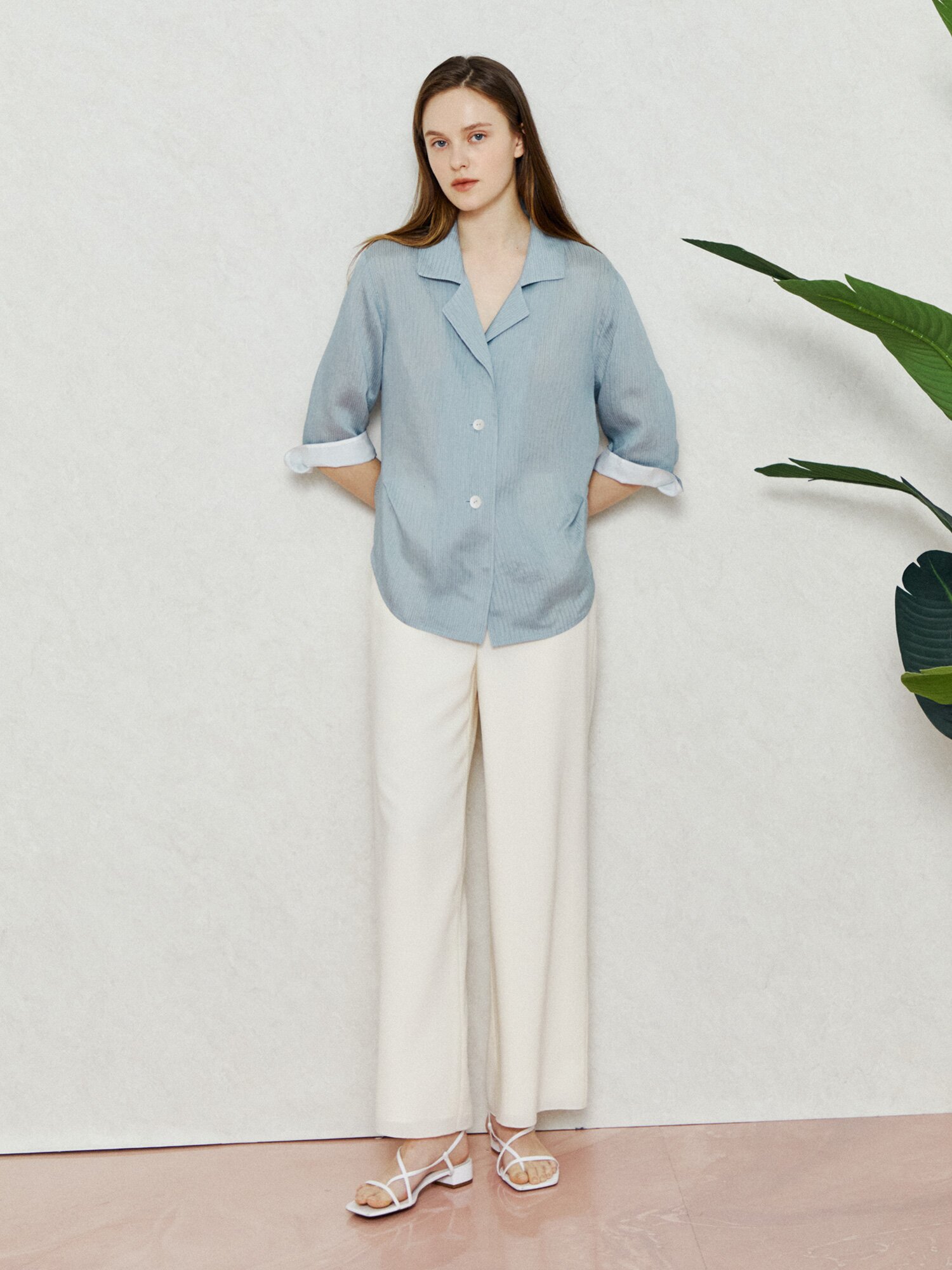 스프링 시어서커 블루 블라우스 (STRIPE BLUE GREEN)